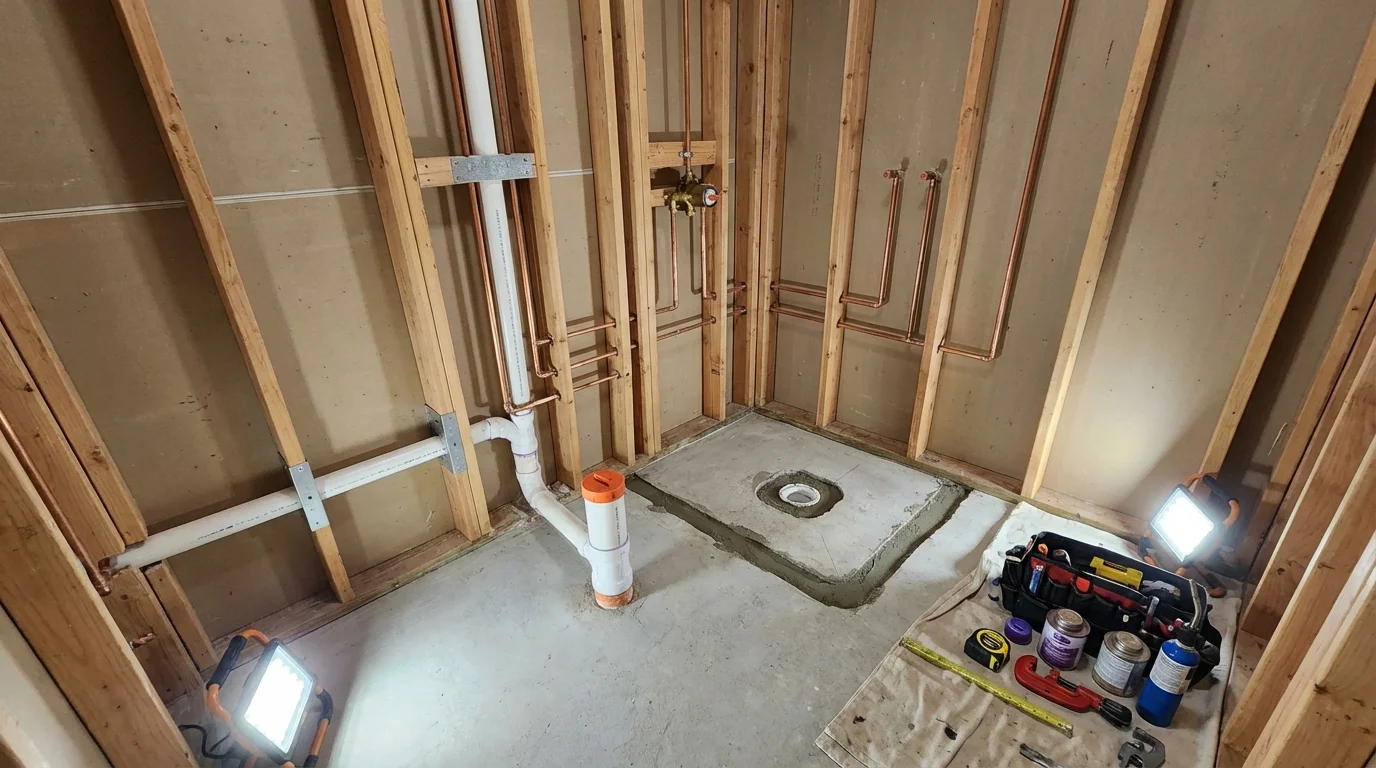 Bathroom rough-in plumbing during remodel by Johns Plumbing LLC in Redfield
