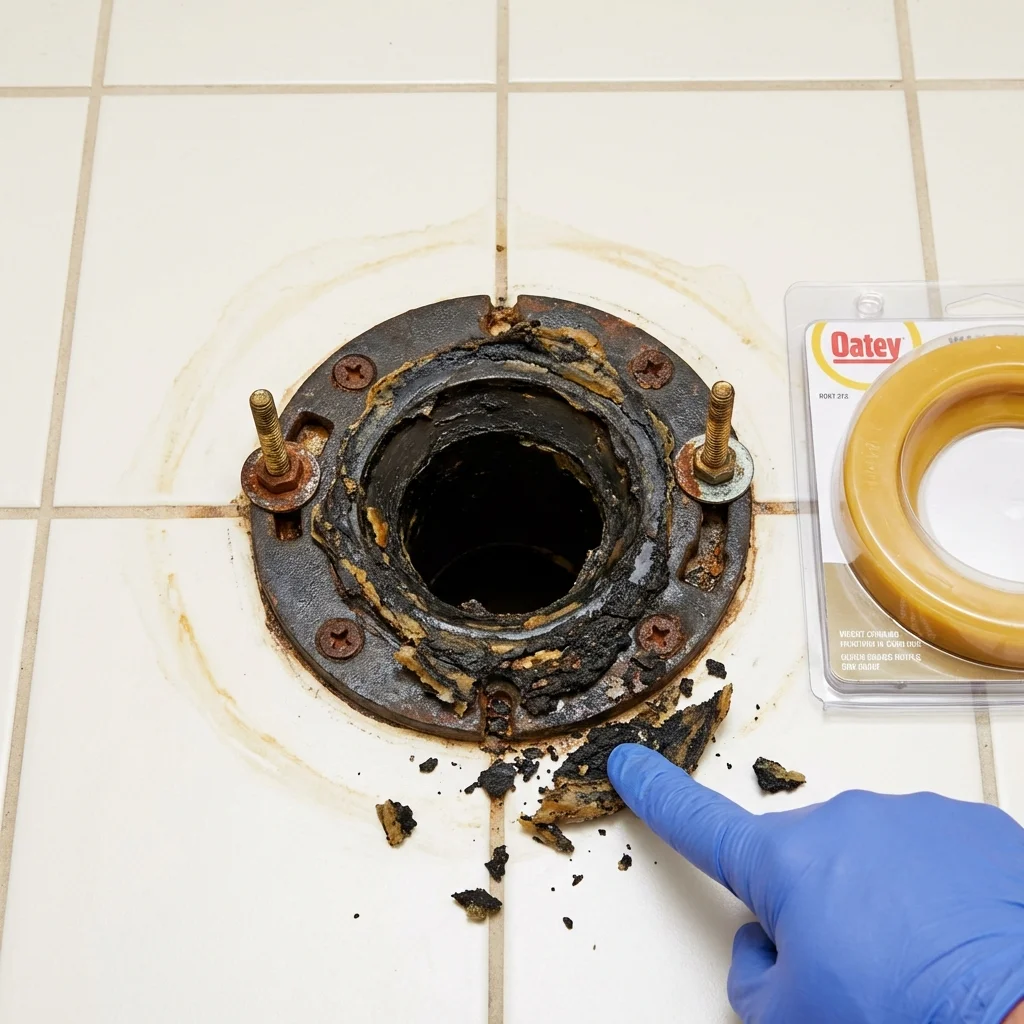 Failed wax ring showing water seepage at the base of a toilet in a Redfield, SD home