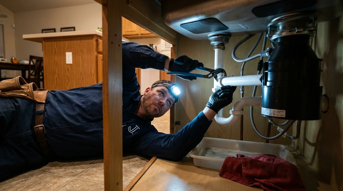 P-trap and supply line connections under a kitchen sink showing a common leak point in Redfield, SD